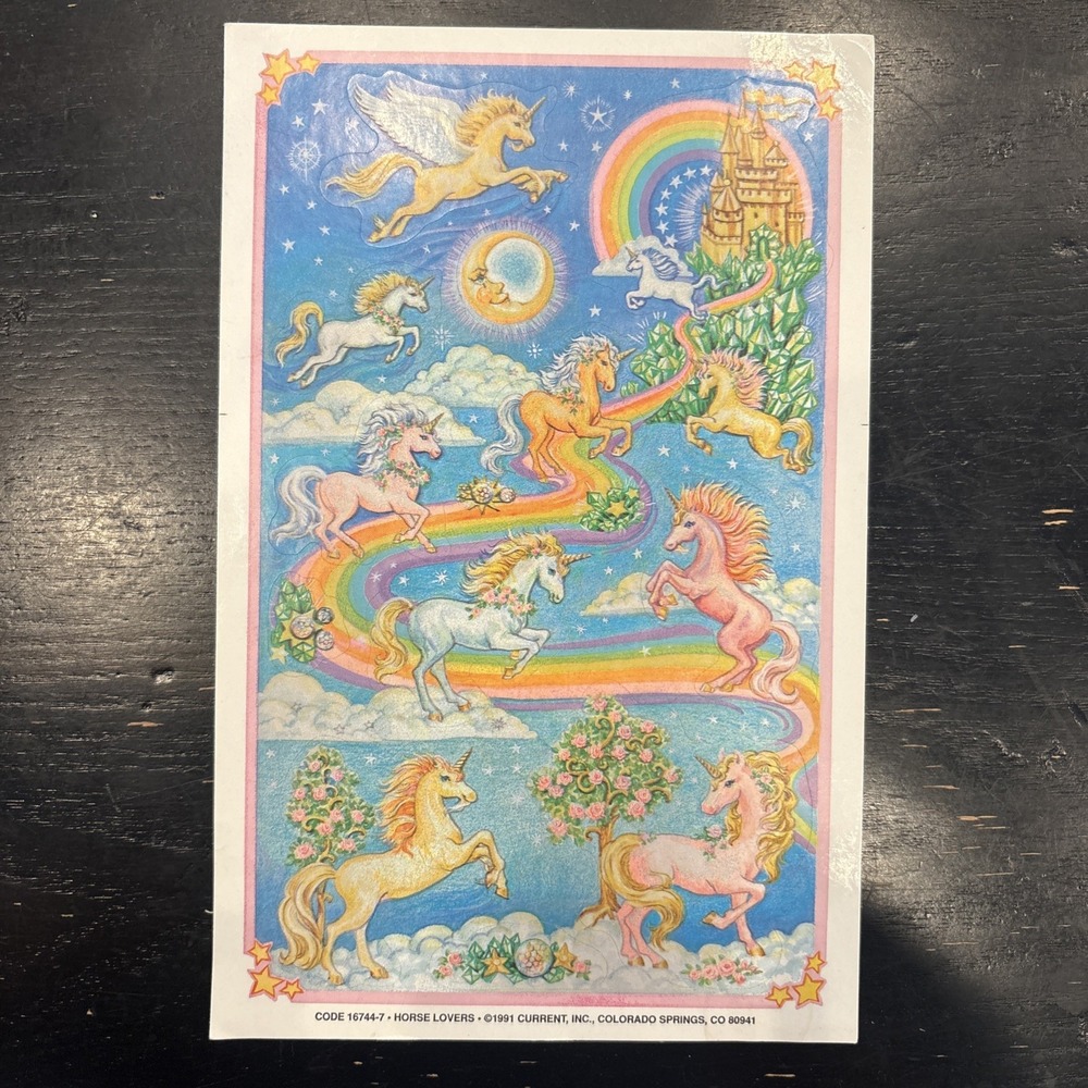Vintage 1991 Rainbow Pastel Unicorn Stickers Current Horse Lovers Sticker Sheet